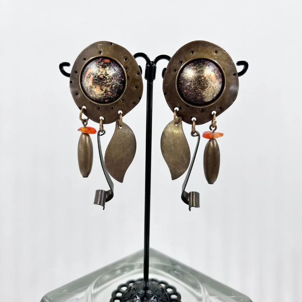 NWOT - Artisan BOHO Brass Tone Textured Metal Dangle Post Earrings - Picture 2 of 6